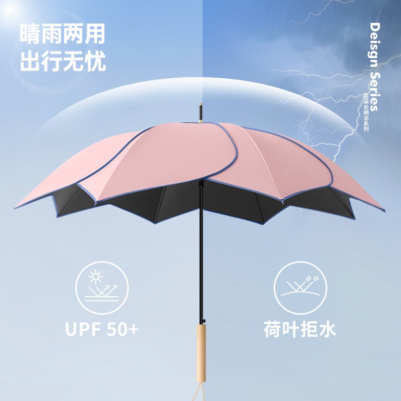 Straight Rod Flower Umbrella Long Handle Rain And Shine Dual-Purpose Umbrella Uv Protection Sunscreen Black Rubber Umbrella Female Manufacturers Printing - Image 4